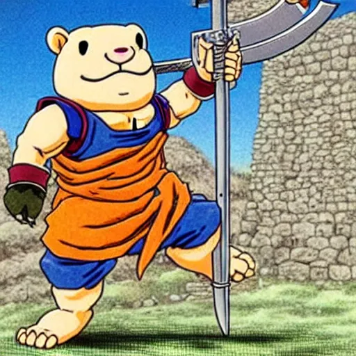 Image similar to Akira Toriyama’s original design for the beloved anthropomorphic beaver, who is also a medieval holy crusader knight, holding enormous sword