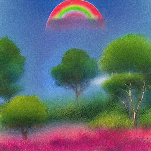 Image similar to A illustration of a beautiful landscape, delicate brushstrokes. peaceful & serene, with a gentle breeze blowing through the trees & flowers. colors are muted & gentle, calm & tranquility. well balanced & harmonious. color & composition, pleasing to the eye & calming to the soul. rainbow by Ed Emshwiller ornamented, exciting