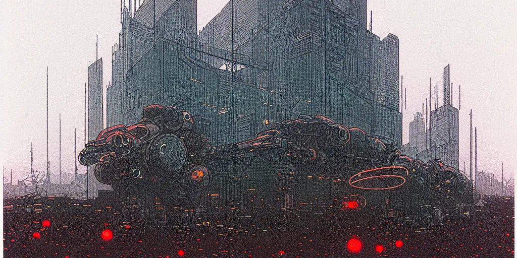 Prompt: grainy risograph matte painting of gigantic huge mech covered with wounds, black, pastel matte colors, staying in the foggy huge parking station, by moebius, intricate detailed