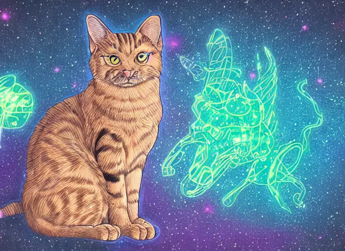 Prompt: coloring book drawing of a cat from a musical sparkly digital space opera, animated film, volumetric lighting, octane render