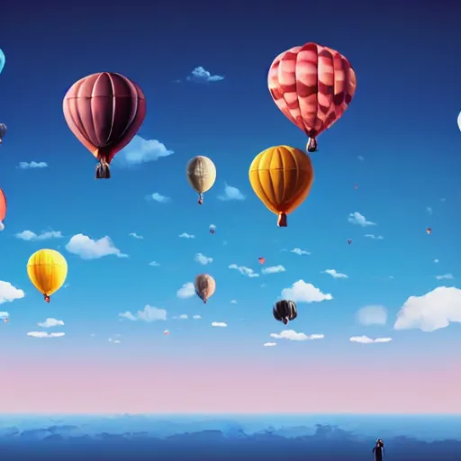 Prompt: people flying balloons into an abyss in the sky, with clear skies and good weather, realistic, cinematic