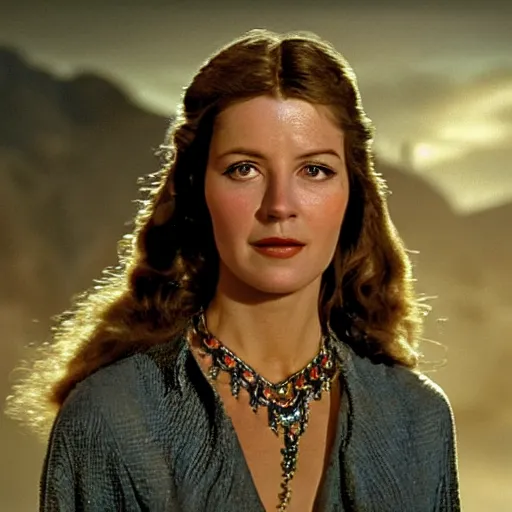 Image similar to a beautiful portrait from the film indiana jones and the fate of atlantis, of sophia hapgood wearing the nur ab sal necklace, dslr hyper focused