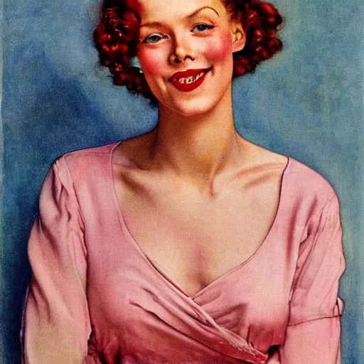 Image similar to tall, lithe woman, soft red hair, fair skin, norman rockwell, 1 9 4 0's, liberty curls, flushed cheeks, pink lips, beautiful smile, soft lighting, full body portrait, posing