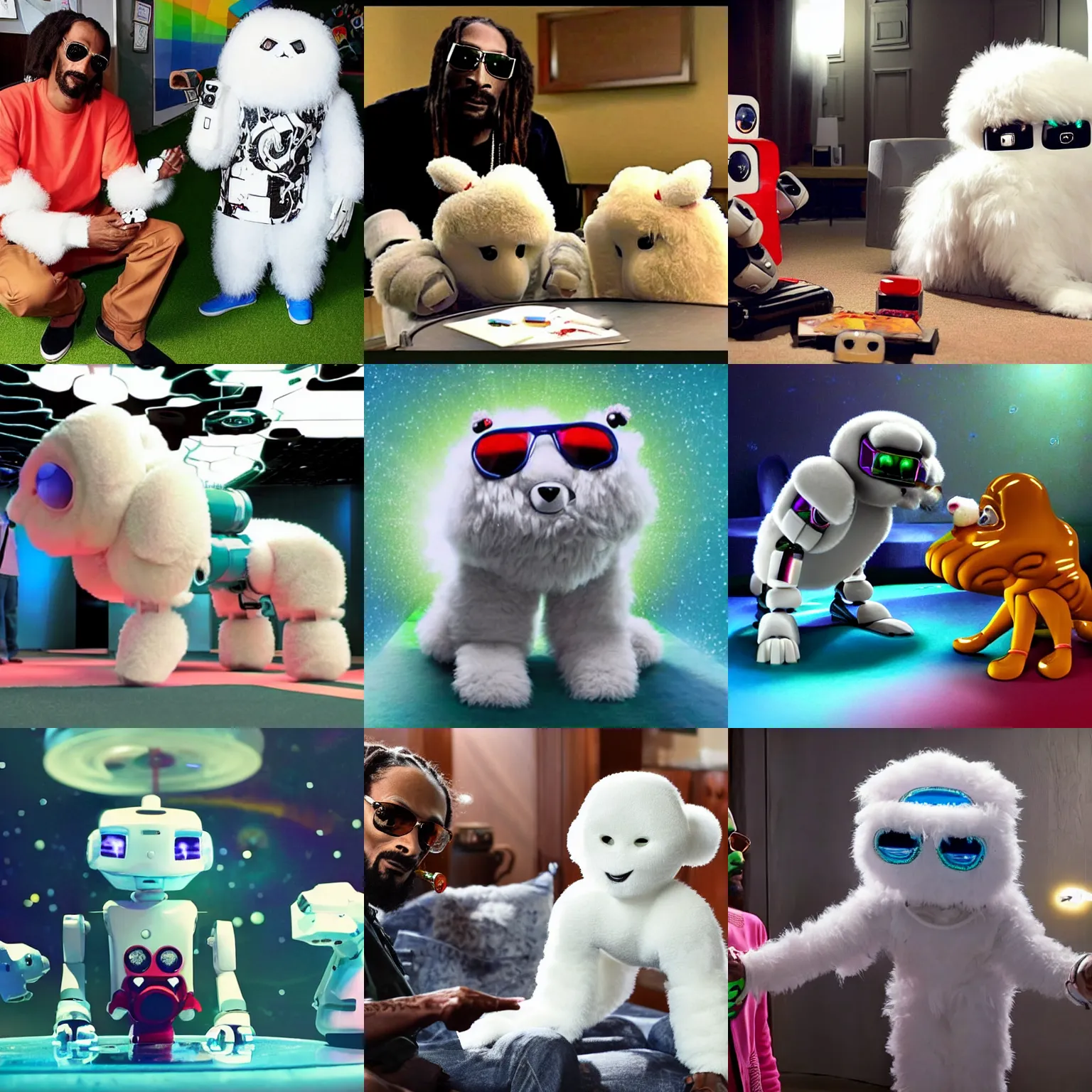 Prompt: <picture quality=hd+ mode='attention grabbing'>A benevolent super intelligent adorable fluffy robot gets high on drugs with Snoop Dogg and attains sentience</picture>