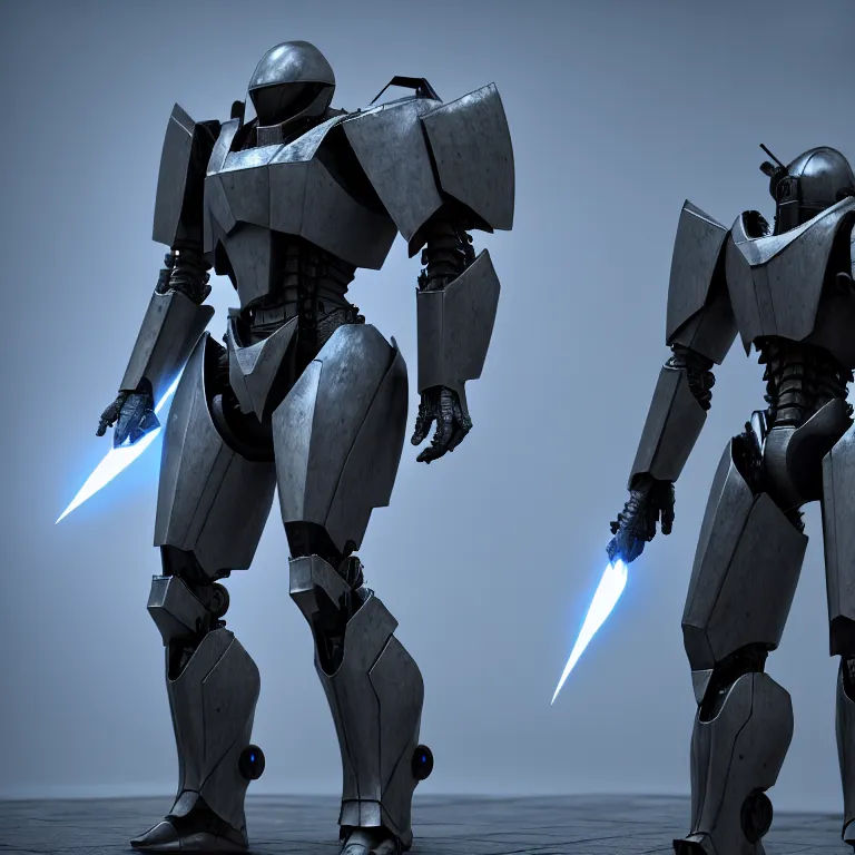 Image similar to hyper detailed photorealistic cinematic rendering with volumetric lightning and ray tracing, blue skinny full body armored core, weathering armor plating, endoekeleton exposure, 8 k, octane render, unreal engine, ray tracing