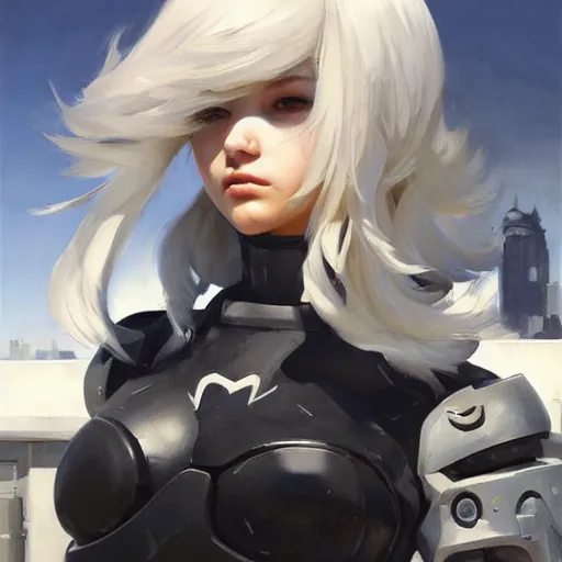 Image similar to greg manchess portrait painting of a 2 yorha type a no. 2 as overwatch character, white long hair, medium shot, asymmetrical, profile picture, organic painting, sunny day, matte painting, bold shapes, hard edges, street art, trending on artstation, by huang guangjian and gil elvgren and sachin teng