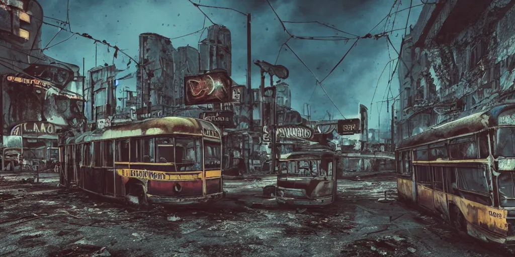 Image similar to low wide angle shot of dilapidated fallout 5 europa, retro futuristic euro cityscapes, desolate, dilapidated neon signs, few rusted retro futuristic vintage parked vehicles like cars, buses, trucks, trams, volumetric lighting, photorealistic, fog, daytime, spring, rainy weather, sharp focus, ultra detailed, 4 0 0 0 k