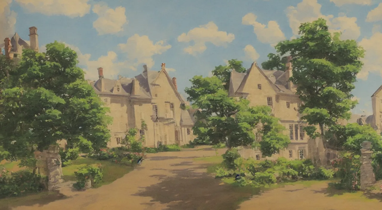 Prompt: a landscape painting of a French manor, in the style of anime