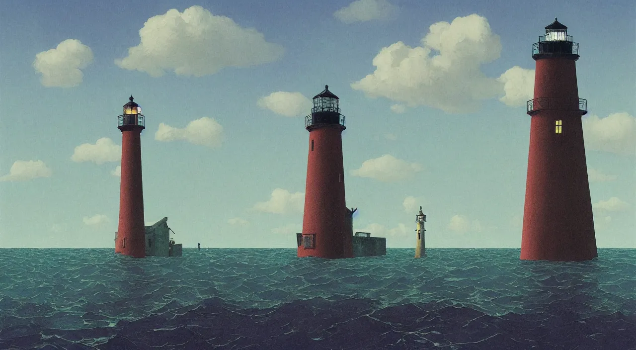 Image similar to single flooded! simple wooden ancient lighthouse, very coherent and colorful high contrast!! masterpiece by rene magritte simon stalenhag carl spitzweg syd mead norman rockwell edward hopper james gilleard, minimalist, dark shadows, sunny day, hard lighting