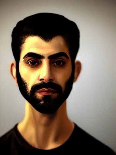 Prompt: portrait of a modern middle-eastern man wearing a dark shirt, upper body 2d game avatar, Donato Giancola, Kodak film stock, chiaroscuro lighting, default pose neutral expression, face-on head shot, close-up, eye-contact, sharp focus, shape language, Alphonse Mucha/Gustav Klimt style, alpha masked transparent flat grey background, 4k, volumetric lighting, French Nouveau, trending on artstation, octane render, ultra detailed, hyperrealistic