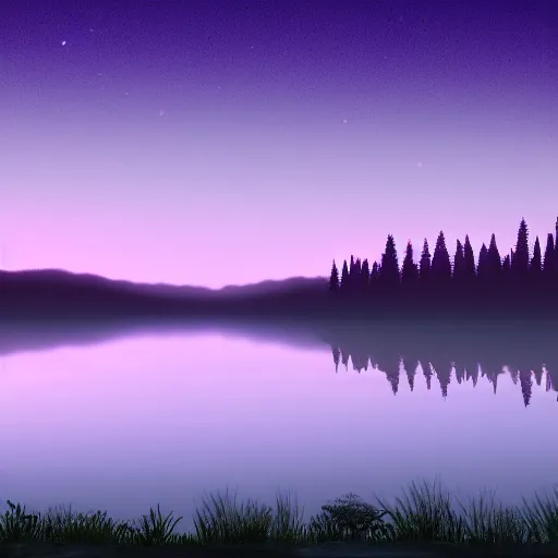 Prompt: Purple mist over a lake at night. Award-winning digital art, trending on ArtStation
