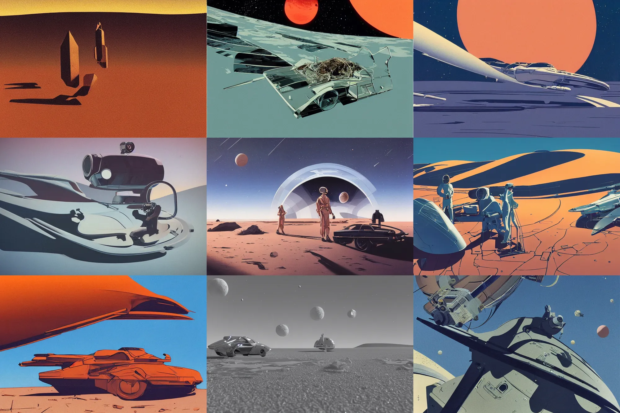 Prompt: Cinestill 800t, 8K, 35mm; beautiful ultra realistic minimalistic syd mead in space(1950) film still desert scene, 2000s frontiers in retrofuturism fashion magazine September moebius edition, highly detailed, extreme closeup three-quarter scene, tilt shift LaGrange point orbit background, three point perspective, focus on model attack sub;sunflare;back to camera, soft lighting