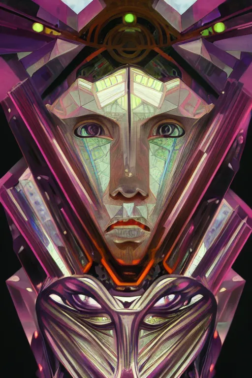 Image similar to hyperrealism, dreamland of chinese, ghost, sharp, slender and densely arranged teeth, futuristic, synthwave, art deco, expressive, dystopian, cyberpunk, mecha, halfturn portrait of a big crystal face made of crystals half - turn, ominous, intricate, oc rendered, art by alphonse mucha, concept art, 4 k, sharp focus