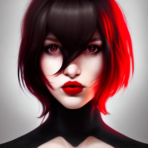 Prompt: a realistic illustration portrait of a beautiful cute girl with wavy black and red hair, a pointy nose and, round chin black eyeliner, trending on artstation, dynamic, asymmetrical, hyper - realistic lighting, intricate, ross tran, realistic hair