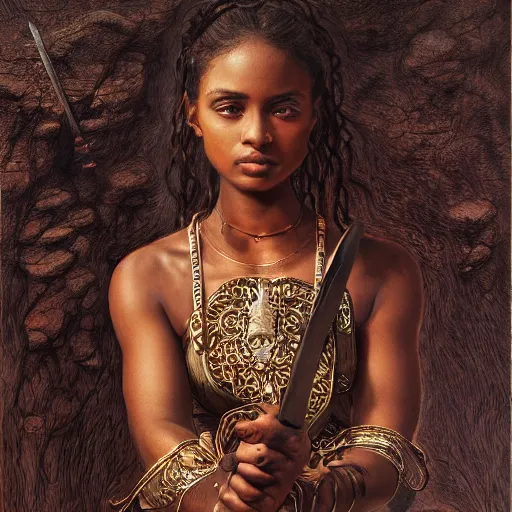 Prompt: artstation concept of a beautiful girl holding a sword in both hands, brown skin, sweaty skin, symmetrical face, casual white garment, brown canyon background, shiny colorful, hyperdetailed, artstation trending, world renowned artists, worth1000.com, historic artworks society, antique renewel, cgsociety, by greg rutkowski, by Gustave Dore, Deviantart