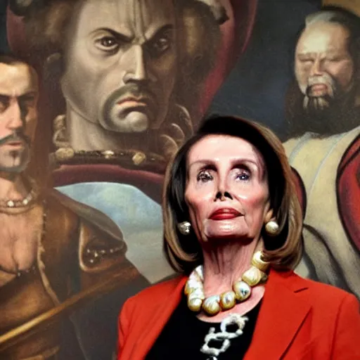 Prompt: nancy pelosi standing in front of 1 6 th century backdrop, painting of vigo the carpathian. she ominously stares. hands on hips. sepia toned. painting by lou police for ghostbusters 2.
