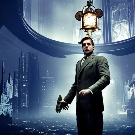 Image similar to a highly detailed cinematic photo from a live - action bioshock movie. andrew ryan, portrayed by ryan gosling, is shown standing in a 1 9 3 0's office with a large desk in front of a floor - to - ceiling window looking out onto the underwater city of rapture shining in the distance, several fish are shown outside of the window