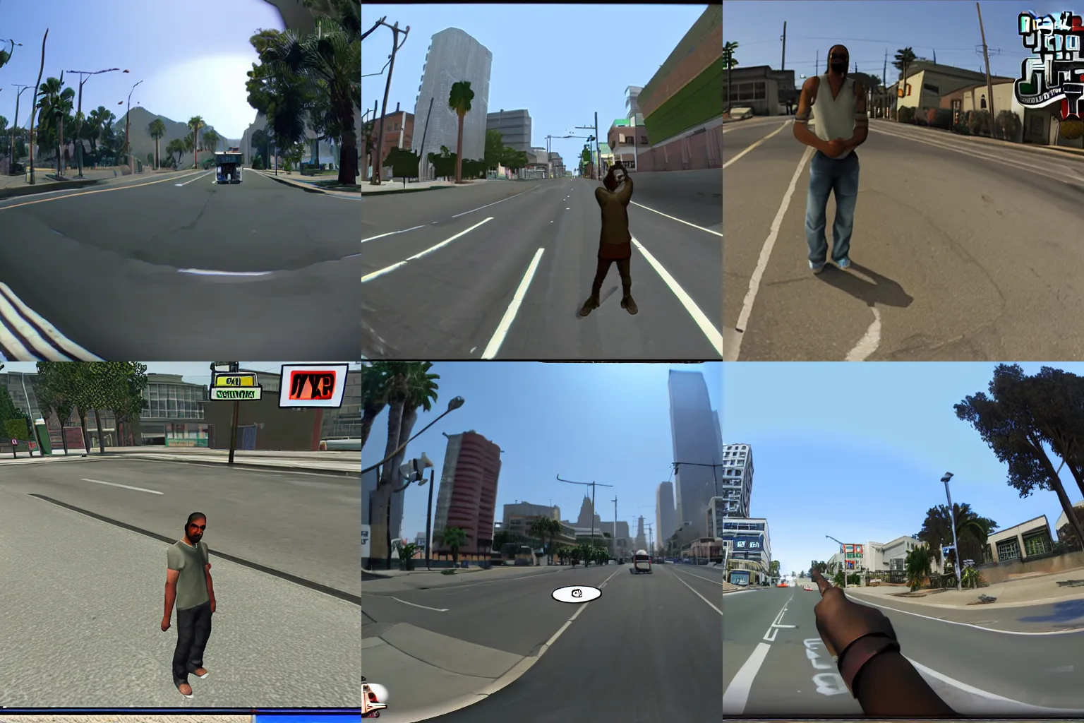 Prompt: screenshots of CJ from Grand Theft Auto: San Andreas standing in the middle of the road fish eye lens