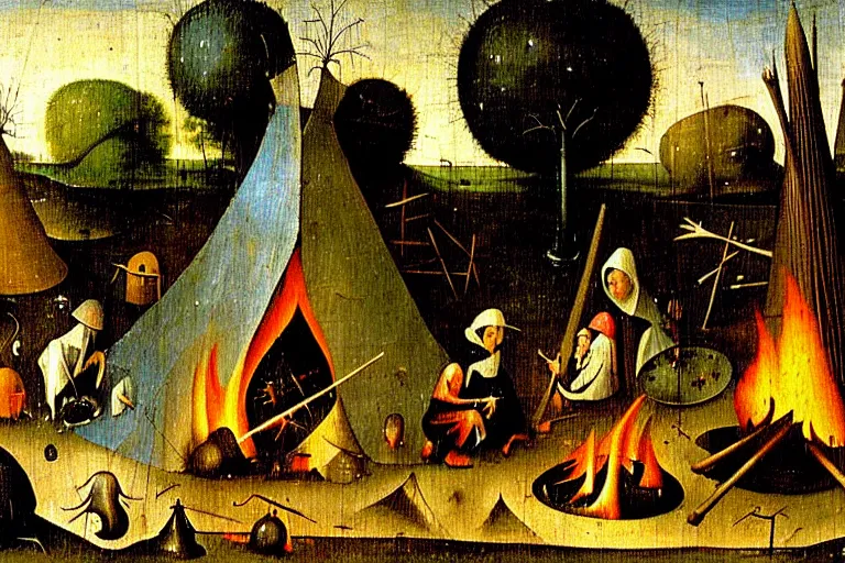 Image similar to hieronymus bosch painting of a campsite with bonfire