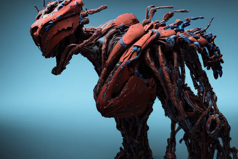 Image similar to portrait of a posed hyper detailed brown ultramarine burrower evangelion realistic mechanical and fleshy organic creature similar look as horizon forbidden west horizon zero dawn bioluminiscence in a dark deep forest at dawn in spring, with reflection and textures, by kilian eng, substance painter reaslitic mech surface metal painted scratches