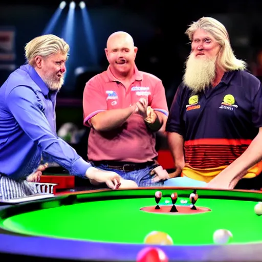 Image similar to a kangaroo, a wombat and a koala all playing darts together, while watched approvingly by Simon The Wizard Whitlock