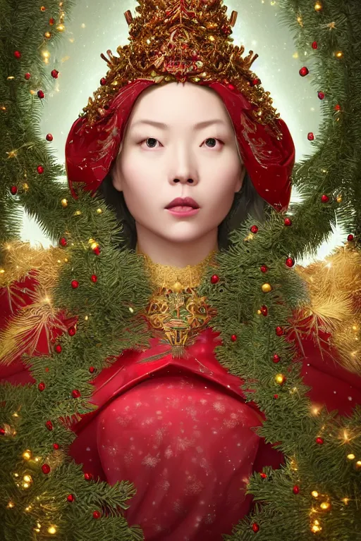 Prompt: a beautiful empress portrait, with a brilliant, impossible striking big Christmas tree headpiece, Santa clothes, everything Christmas, snow, Christmas ornaments, symmetrical, dramatic studio lighting, rococo, baroque, greens, asian, hyperrealism, closeup, D&D, fantasy, intricate, elegant, highly detailed, digital painting, artstation, octane render, 8k, concept art, matte, sharp focus, illustration, art by Artgerm and Greg Rutkowski and Alphonse Mucha