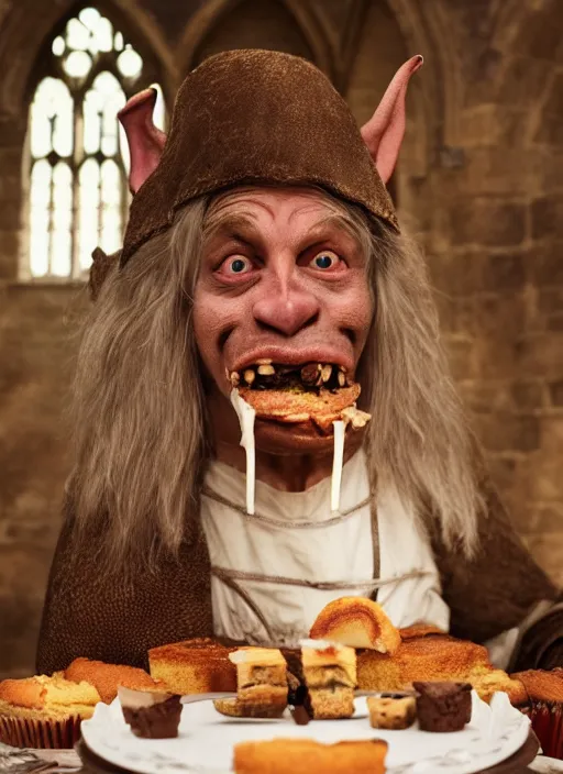 Image similar to closeup portrait of a medieval goblin eating cakes in the abbey, depth of field, zeiss lens, detailed, symmetrical, centered, fashion photoshoot, by annie leibovitz and steve mccurry, david lazar, jimmy nelsson, breathtaking, 8 k resolution, extremely detailed, beautiful, establishing shot, artistic, hyperrealistic, beautiful face, octane render