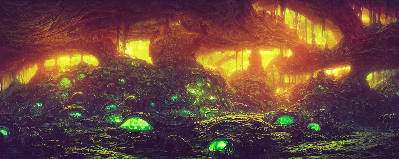 Prompt: ” slimy moist alien landscape, [ organic, liquid, disgusting, cinematic, detailed, epic, widescreen, opening, establishing, mattepainting, photorealistic, realistic textures, octane render, art by slop and paul lehr ] ”