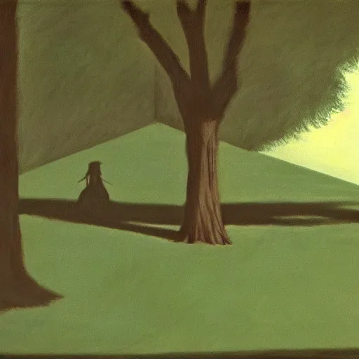 Image similar to shadow monster hiding behind a tree, in the style of a Edward Hopper painting, eerie,