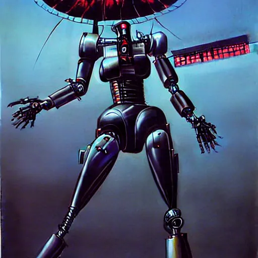 Image similar to geisha death robot, killbot, gun coming out of mouth, very realistic, artwork by jim burns, cyberpunk, sci - fi