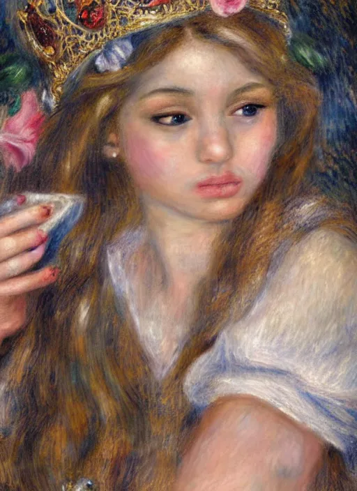 Prompt: closeup medieval renoir face portrait of a fairytale princess wearing a crown eating cakes in the castle, bikini, depth of field, zeiss lens, detailed and intricate environment, fashion photoshoot by nicoletta ceccoli, mark ryden, lostfish, breathtaking, 8 k resolution, extremely detailed, beautiful, establishing shot, artistic, hyperrealistic, octane render