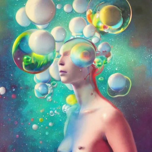 Prompt: surreal gouache painting, yoshitaka amano, ruan jia, bubbles, orbs, incredibly detailed, of floating molecules and a mannequin artist holding an icosahedron with stars, clouds, and rainbows in the background, retrowave, modular patterned mechanical costume headpiece, artstation masterpiece, minimalistic