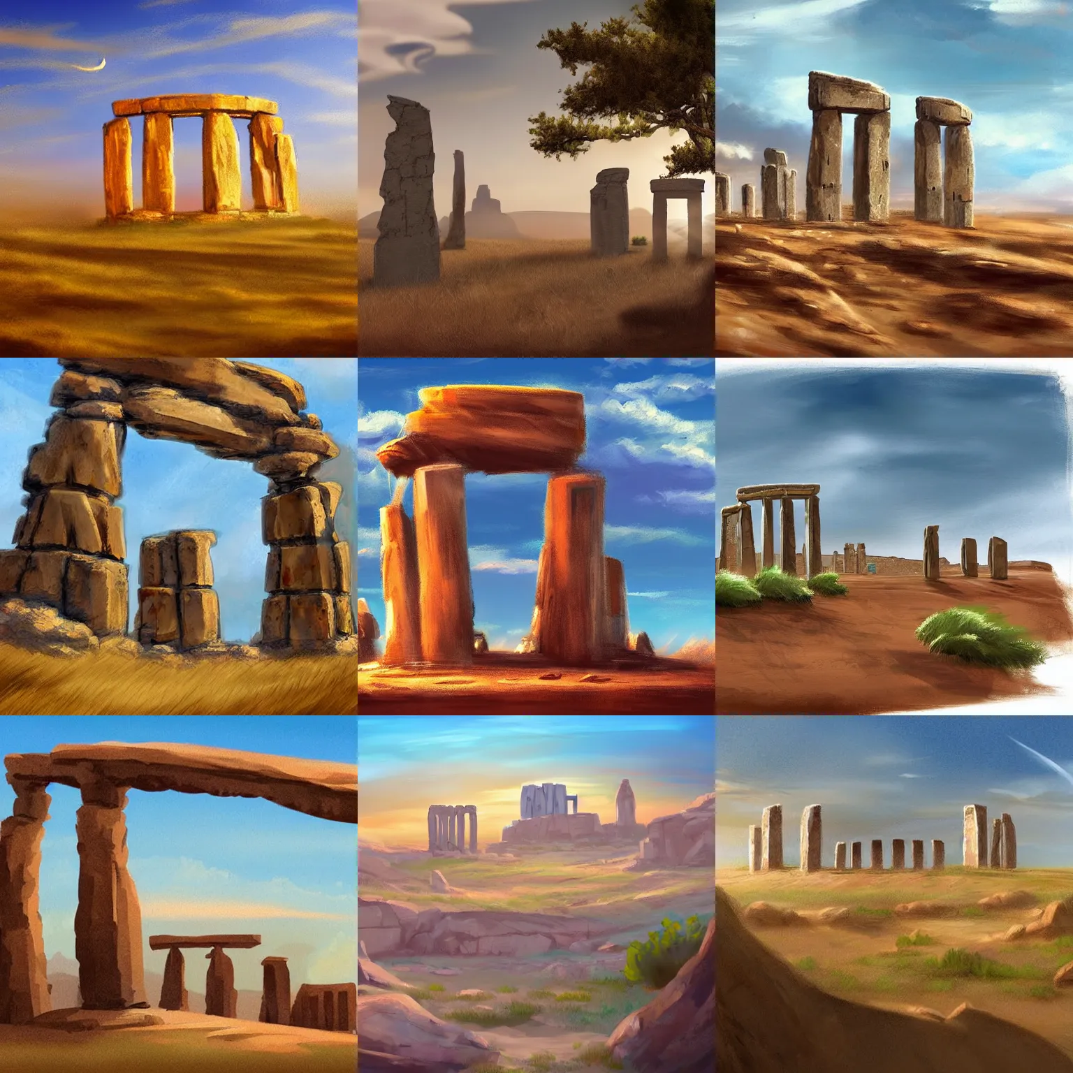 Prompt: concept art of a small, high mediterranean mesa with a stone henge at the top of it seen from far away, art station front page, digital art, beautiful day