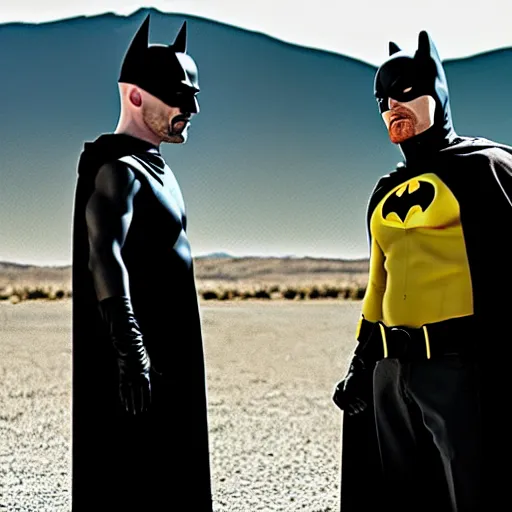 Prompt: Walter White and Jesse pinkman as Batman and Robin, 8k, high definition, highly detailed, photo realistic