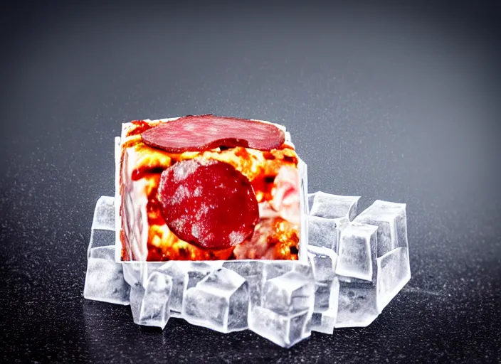 Image similar to clear highly detailed photorealistic food photograph of a big ice cube inside the cube a pizza with salami and pepperoni, the cube refracts the sunlight, volumetric