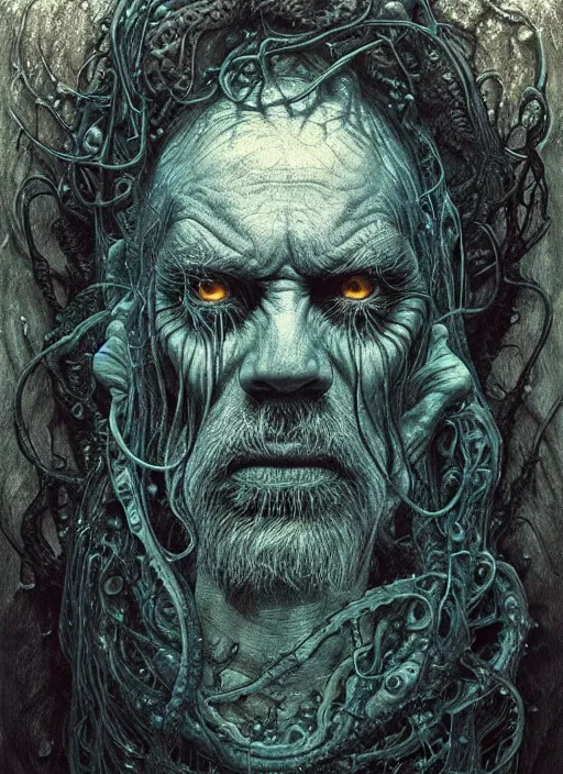 Image similar to portrait of a old underwater fish man hybrid with long wet tattered tangles of thinning black hair, eerie glowing eyes, wall hanging trophy taxidermy, hyper realistic head, fantasy art, in the style of greg rutkowski, zdizslaw beksinski, intricate, alphonse mucha, hyper detailed, smooth