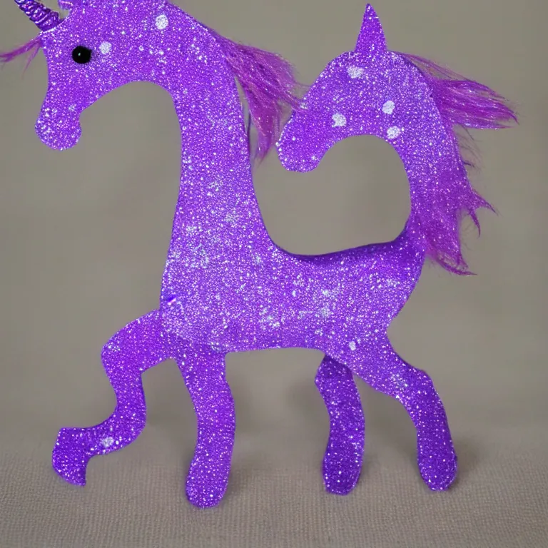 Image similar to a child's purple sparkling unicorn small and cheaply made