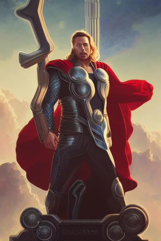 Image similar to elon musk as thor, realistic portrait, symmetrical, highly detailed, digital painting, artstation, concept art, smooth, sharp focus, illustration, cinematic lighting, art by artgerm and greg rutkowski and alphonse mucha