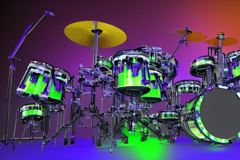 Image similar to photo of huge robotic drumset on a concert tage, the drumset is futuristic steampunk style with gears and tubes, 8 k, fluorescent colors, halluzinogenic, multicolored, exaggerated detailed, unreal engine