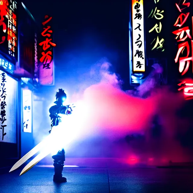 Image similar to cyber samurai fire dance slashing sword atomic, detailed bushido form smoke, fighting stance atomic energy, shibuya prefecture, cinematic neon uplighting, fog mist smoke, photorealistic, night photography by tomino - sama