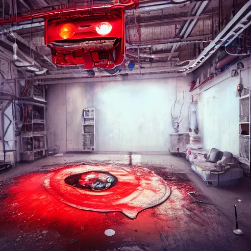 Image similar to a giant mickey mouse head, factory floor, dissected by a group of network executives, octane render, cgstation, 3 d render, very detailed, mindblowing, blood and guts, gritty, cyberpunk, red and cinematic lighting, hyper realism