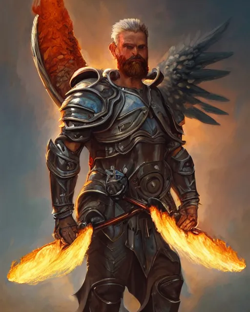 Prompt: character portrait of a brawny male warrior angel of justice, wearing shining armor, wielding a flaming sword and holding a large shield, by peter mohrbacher, mark brooks, jim burns, wadim kashin, greg rutkowski, larry elmore, trending on artstation