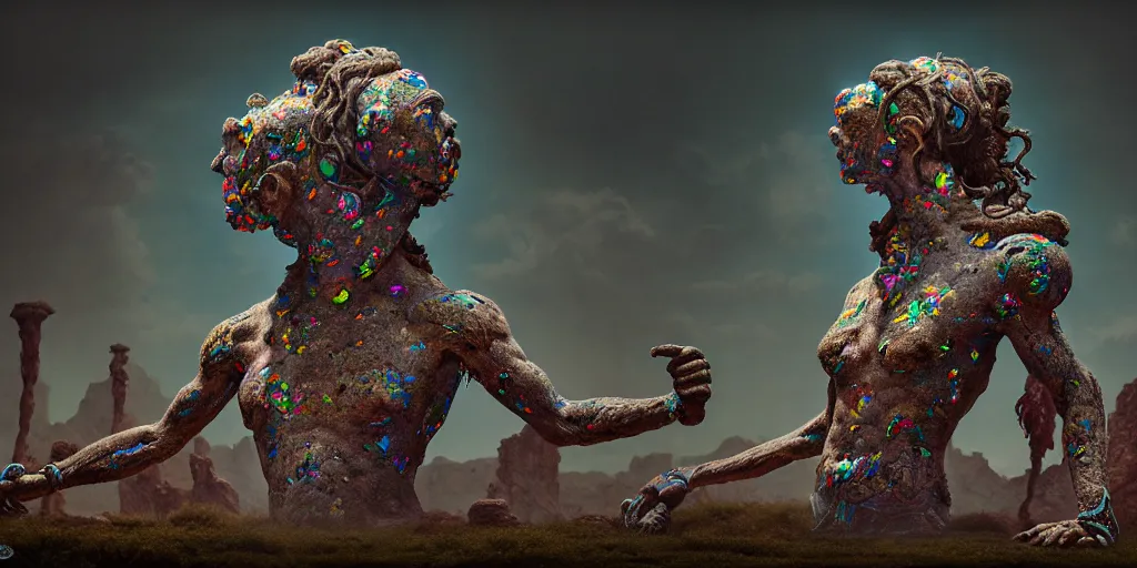 Image similar to ancient giant dead god made entirely of opal in desolate and lush landscape, moody, :: by James Jean, Jeff Koons, Daniel Merrian :: ornate, dynamic, particulate, rich colors, intricate, elegant, highly detailed, centered, artstation, smooth, sharp focus, octane render, 3d