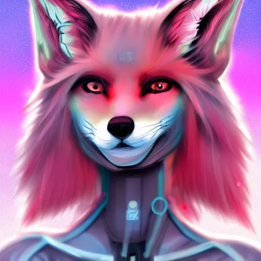 Image similar to digital art artstation, pixiv, portrait of a robotic fox with cybernetic body with pink hair, character fursona furry, furaffinity