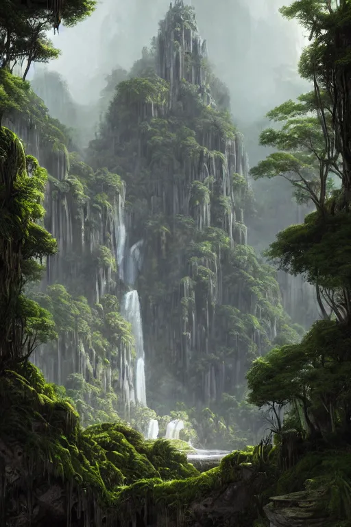 Prompt: carved into the Rock a citadel-temple-cathedral above a waterfall , gnarly trees, lush vegetation, forrest, a small stream runs beneath the waterfall, landscape, raphael lacoste, eddie mendoza, alex ross, concept art, matte painting, highly detailed, rule of thirds, dynamic lighting, cinematic, detailed, denoised, centerd