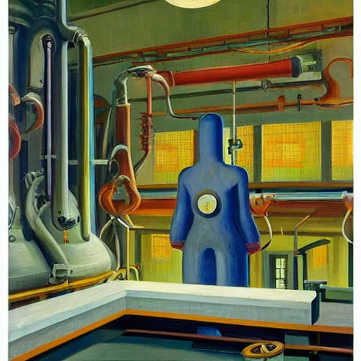 Image similar to engine room, turbines, robot repairmen, reactor core, grant wood, pj crook, edward hopper, oil on canvas