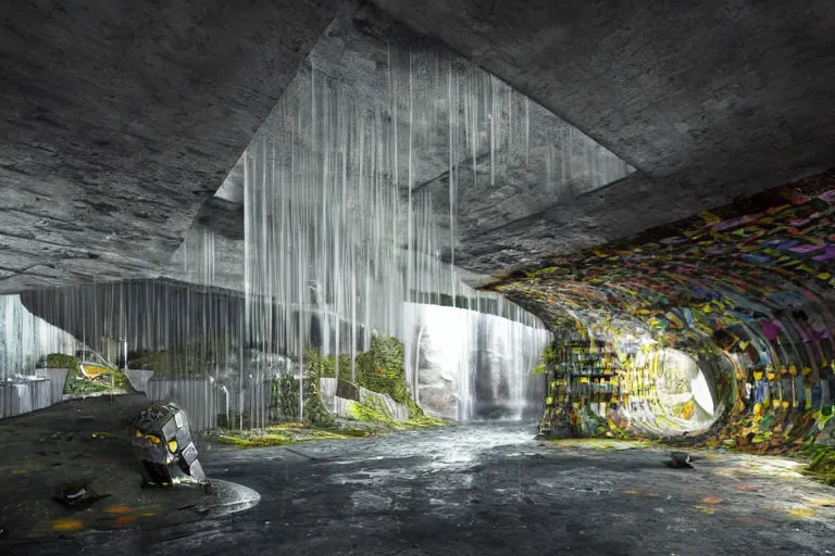 Image similar to favela bunker spaceship disco hive, brutalist waterfall environment, industrial factory, whimsical, award winning art, epic dreamlike fantasy landscape, ultra realistic,