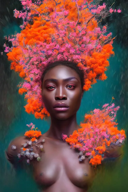 Image similar to hyperrealistic post - renaissance cinematic super expressive! yoruba goddess with exoskeleton armor, merging with tree in a forest, pink orange flowers, highly detailed digital art masterpiece, smooth cam de leon eric zener dramatic pearlescent soft teal light, ground angle hd 8 k, sharp focus