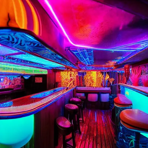 Prompt: architectural digest photo, inside dark and moody crowded futuristic neon tiki bar inside a yacht, tropical plants, blue lighting with small pastel orange and pink accent lights, crowd of cool people dancing