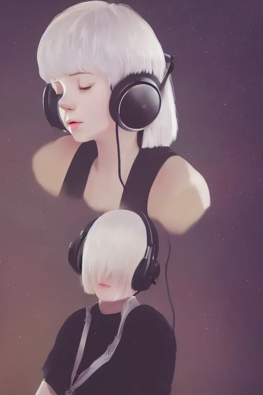 Prompt: a cute young woman listening to music with her eyes closed and wearing headphones, white bob cut hair, freckles, dark thunderclouds in the backround, vivid colors, soft lighting, cinematic, moody, nier automata, poster, oil on canvas, in the style of Ilya Kuvshinov, 8k